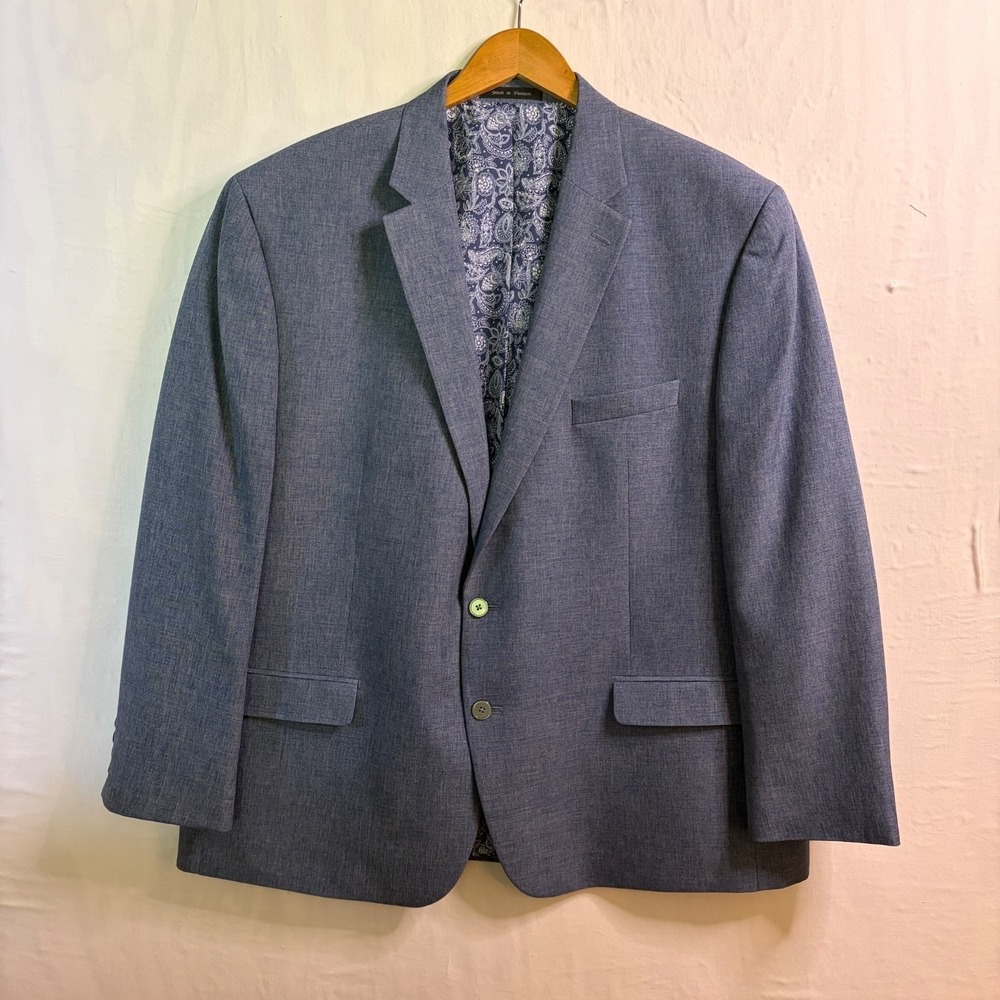 Chaps Blazer Sport Coat Jacket Mens 50R Blue Chambray Polyester Preppy Classic